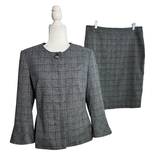 John Meyer Collection Grey Plaid 2-Piece Skirt Suit Ruffle Cuff Women's Sz 10 - Picture 1 of 12